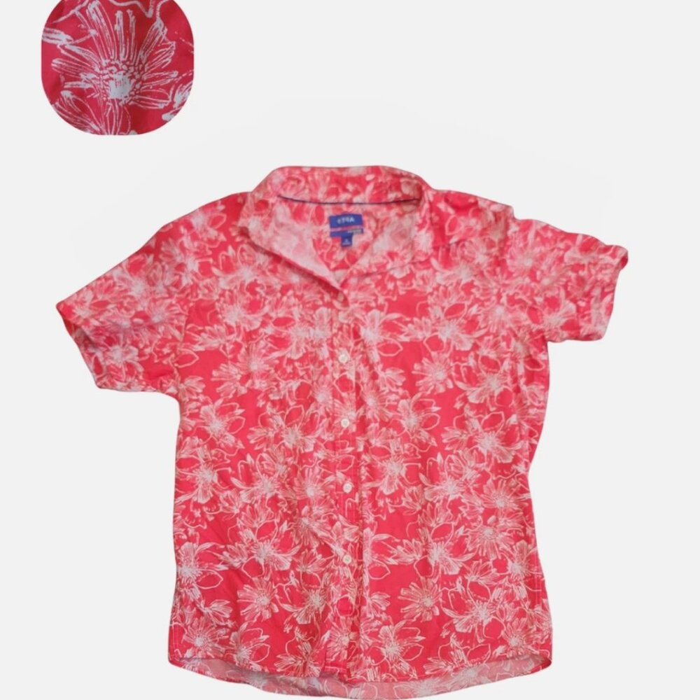 Premier Flex Red Floral Button Shirt Medium 100% Cotton Aloha Casual